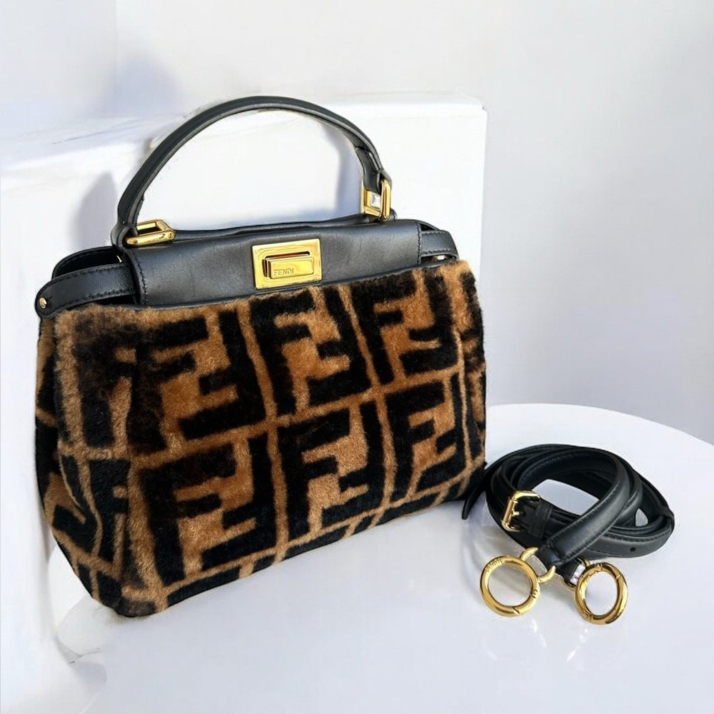 Fendi Zucca Shearling Mini Peekaboo Black and Brown Fur Satchel
